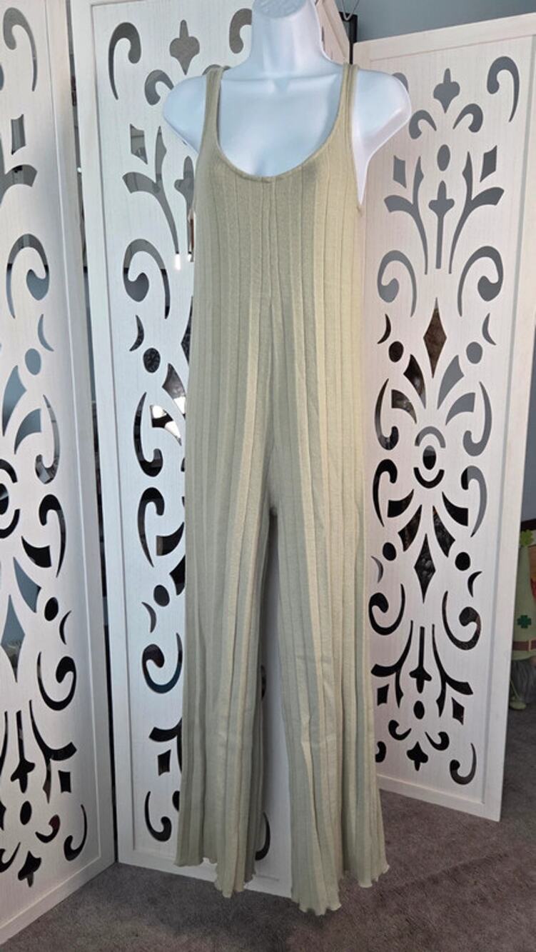 ZARA Ribbed Knit Wide Leg Jumpsuit Sage Green Sleeveless Stretch Boho S EUC